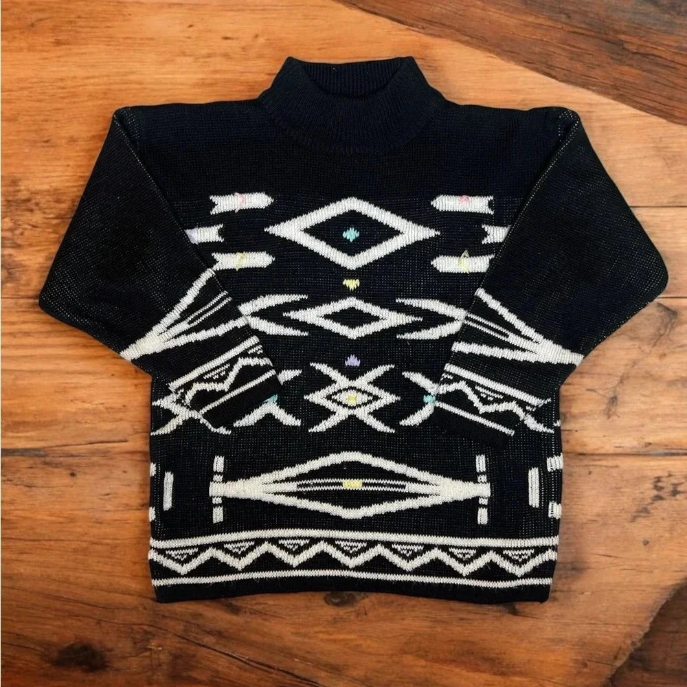 Vintage 80s Gitano Southwestern Geometric Turtleneck Sweater Black S